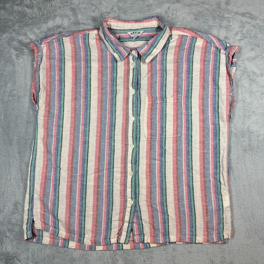 Orvis Shirt Womens Large Colorful Linen Rayon Button Sleeveless Vertical Striped